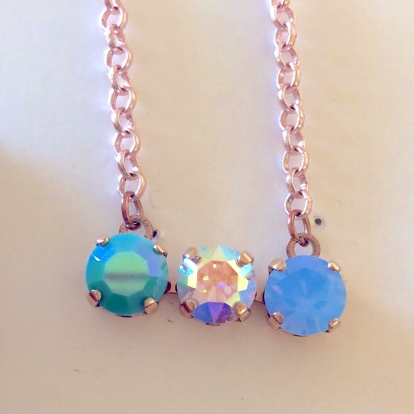 Iridescent Turquoise, Light Sapphire Opal +AB Crystal Bar Necklace - Picture 7 of 11